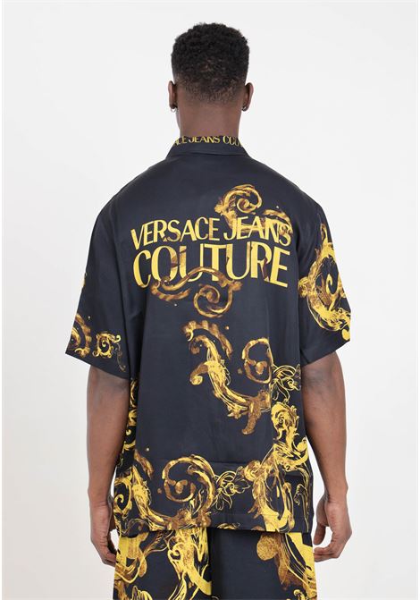 Black men's shirt with gold watercolor pattern VERSACE JEANS COUTURE | 76GAL2BWNS412G89